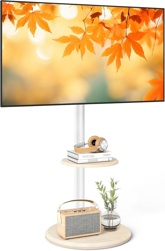 RFIVER Mobiele tv-houder voor 32-65 inch, tv-trolley met ronde voet van hout en verborgen wielen, hoogte en helling verstelbaar, tot 40 kg, VESA Max 400 x 400 mm