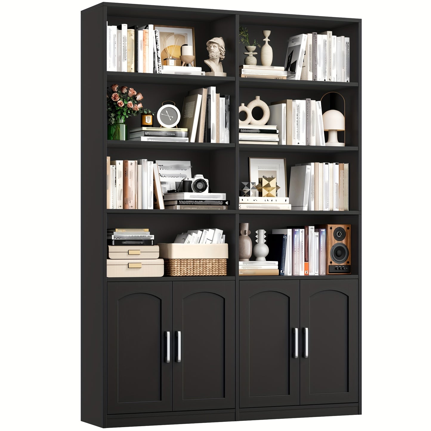 Kealive Modern Wood Bookcase with 2-Door Cabinet & 2-Row Shelving Unit - Sturdy -Tip Design, Spacious Shelves for Living Room, Office, Study - Space-Saving Storage Rack, Display Shelf (Assembly Required, Packages Shipped), St