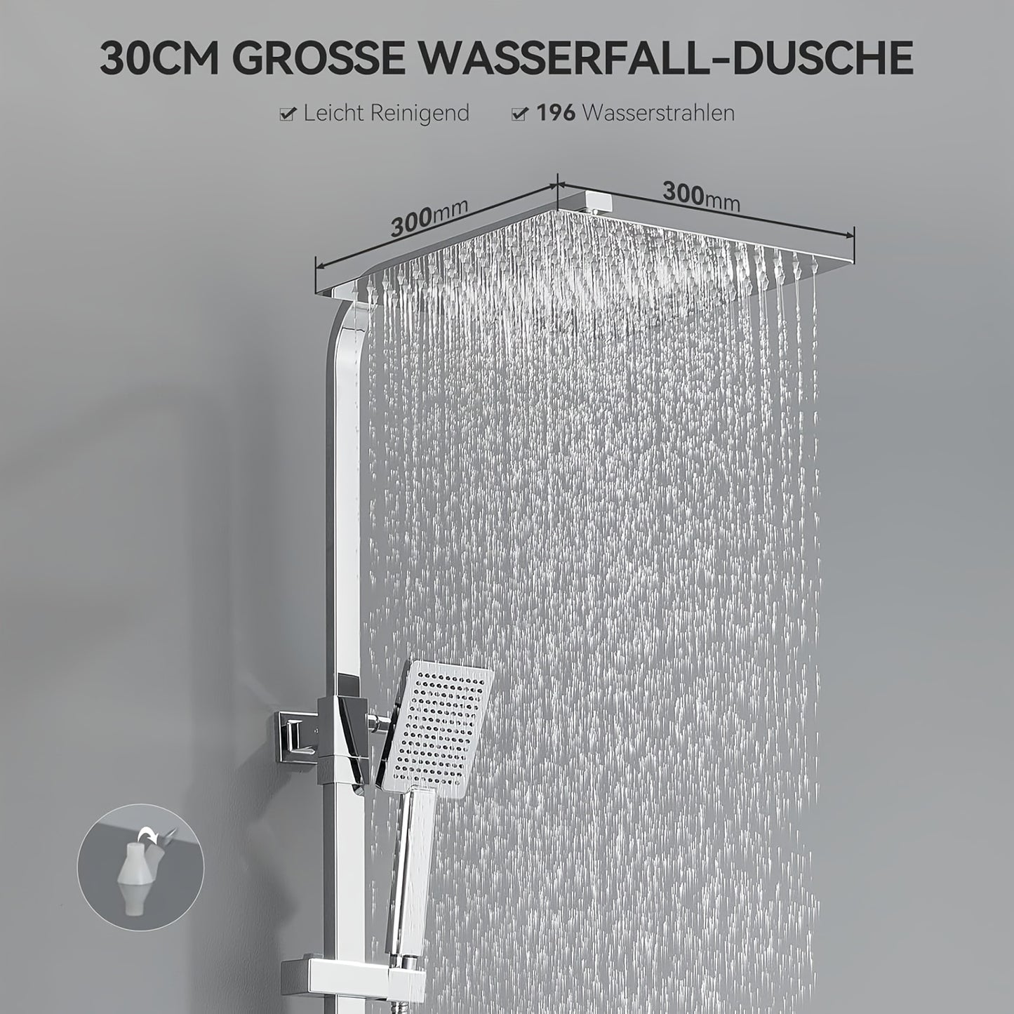 Douchekraan – Doucheset – Thermostaatkraan – Regendouche – Douchekraan Set – RVS – Hoofddouche 30x30 cm – Verstelbare Hoogte 80-124 cm