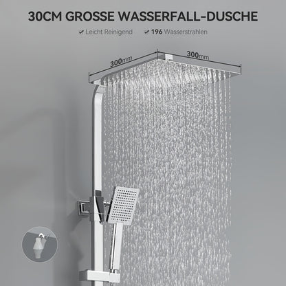 Douchekraan – Doucheset – Thermostaatkraan – Regendouche – Douchekraan Set – RVS – Hoofddouche 30x30 cm – Verstelbare Hoogte 80-124 cm