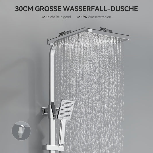 Douchekraan – Doucheset – Thermostaatkraan – Regendouche – Douchekraan Set – RVS – Hoofddouche 30x30 cm – Verstelbare Hoogte 80-124 cm