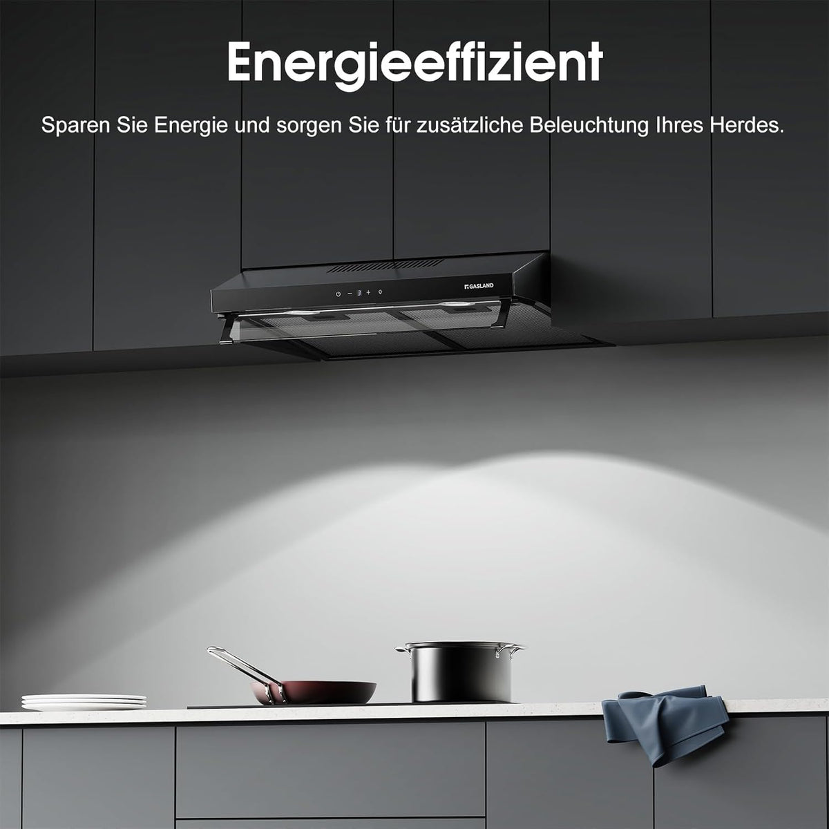 GASLAND UC60BS Afzuigkap met dubbele motor, 60 cm circulatie, stille afzuigkappen, 333 m³/h, 3 standen, Touch Control, onderbouwkap, zwart metaal met actieve koolfilter
