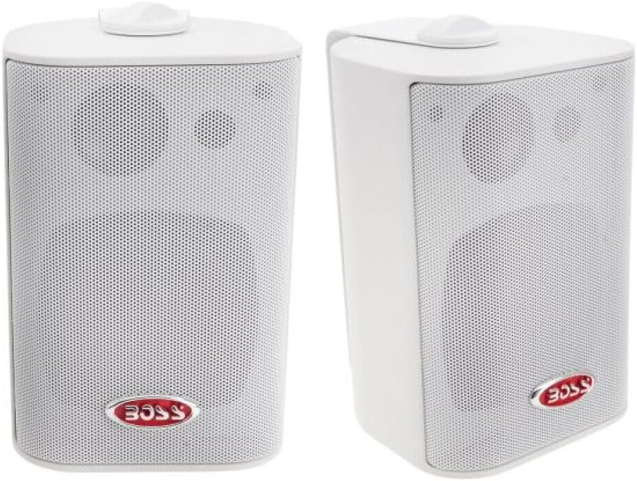 KIT SET VOOR BOSS AUDIO SYSTEMS MR4.3W 2 witte 3-weg speakers, 100 watt rms 200 watt max, 4 ohm, waterdicht, zwembad, boot, binnen en buiten + montagebeugels inbegrepen, per paar