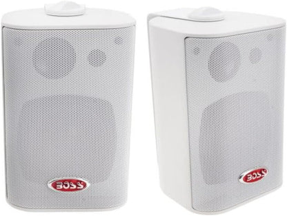 KIT SET VOOR BOSS AUDIO SYSTEMS MR4.3W 2 witte 3-weg speakers, 100 watt rms 200 watt max, 4 ohm, waterdicht, zwembad, boot, binnen en buiten + montagebeugels inbegrepen, per paar