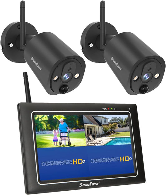 SecuFirst 2K Beveiligingscamera Buiten met Binnenmonitor Draadloos, 7" Touch Screen NVR + 2X Outdoor Camerabewaking Babyfoon Werken zonder Wi-Fi, AI Bewegingsdetector, 64GB SD-kaart.Intercom.