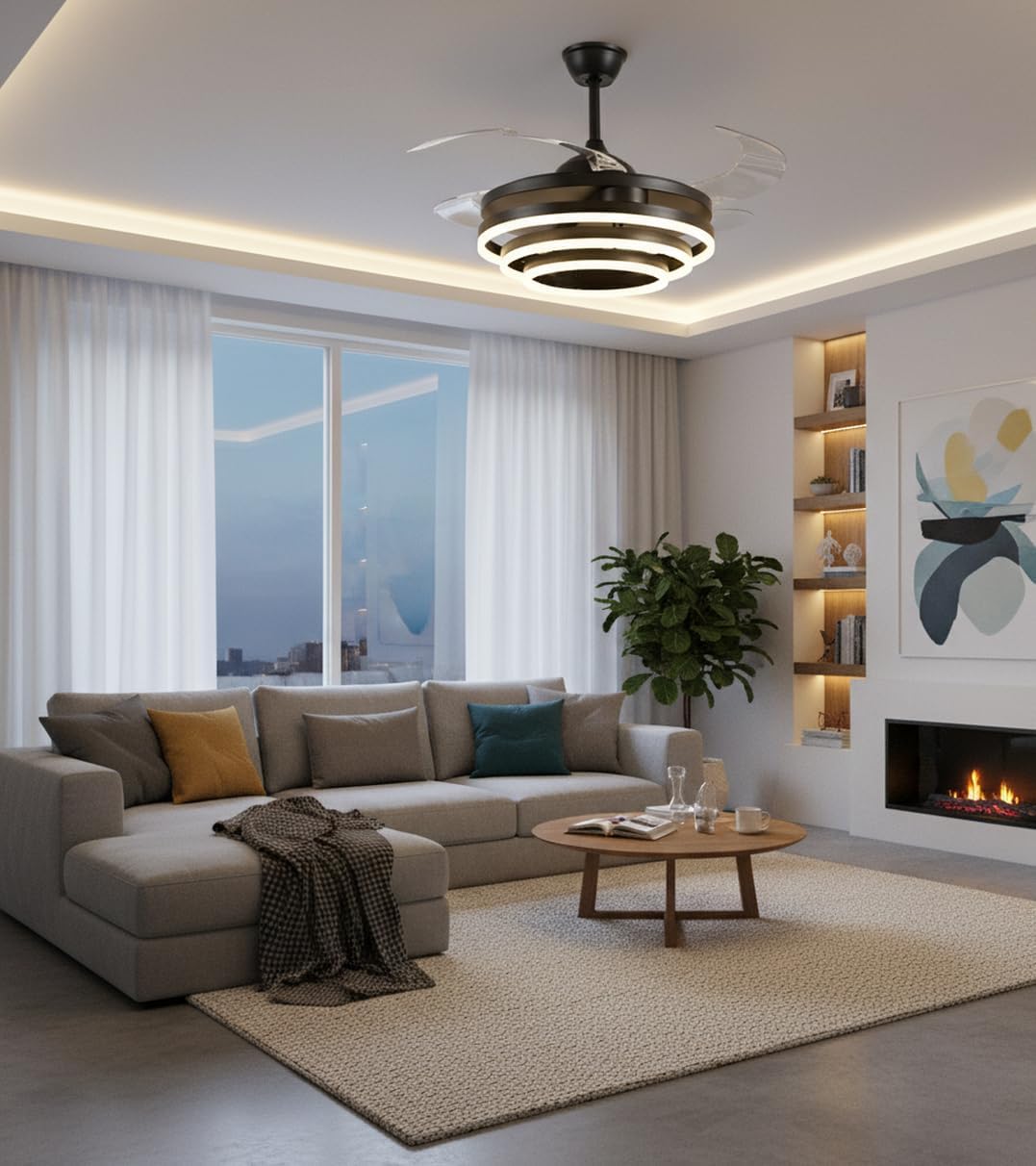 BEL AIR HOME - SFERA Plafondventilator met DC-motor en LED-verlichting 36W - Instelbare kleurtemperatuur 3000K, 4000K, 6500K - Inclusief afstandsbediening, Zwart, Blanco Y Gris