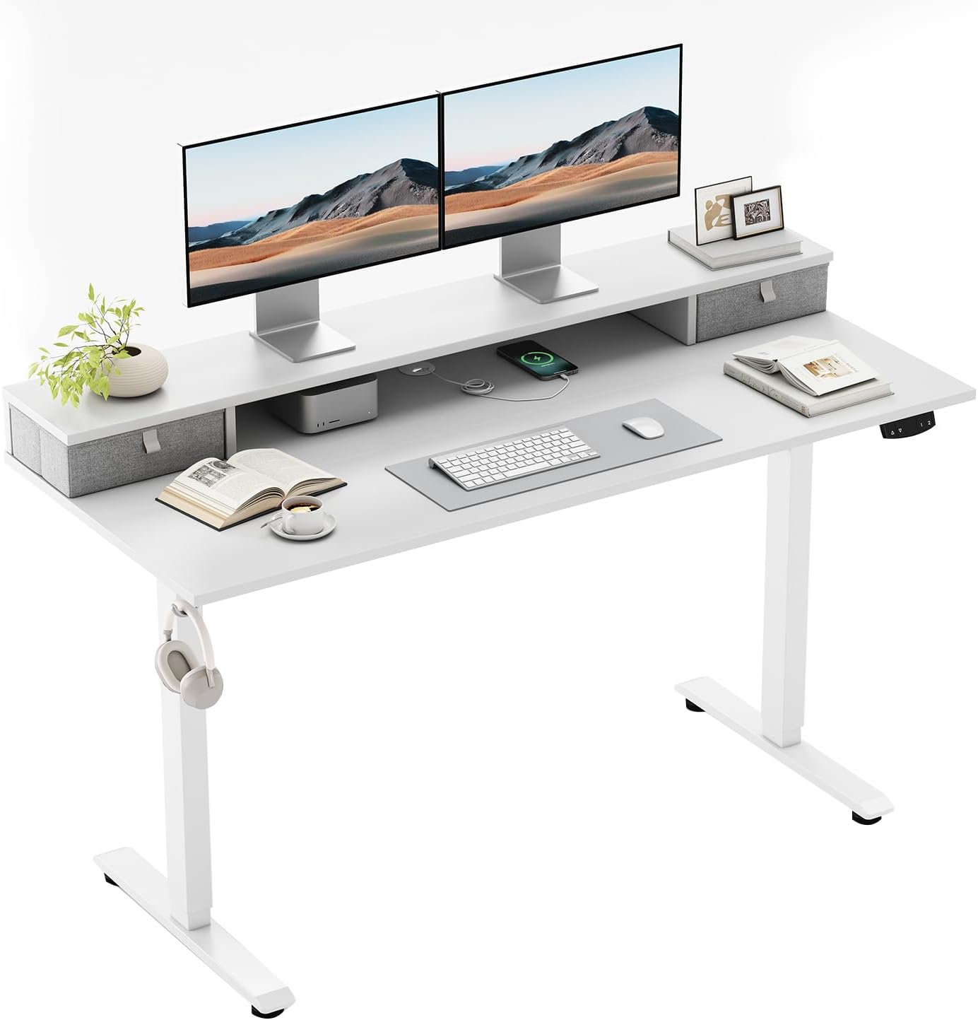 Klicelor Verstelbaar Bureau in Hoogte met Dubbele Lades, Elektrisch Verstelbaar Bureaux in Hoogte, Ergonomisch Sta bureau, 160x60, Wit
