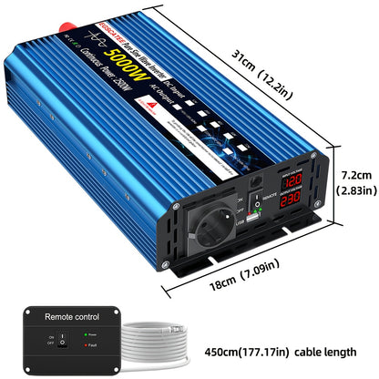 Omvormer 12V 5000W – Power Inverter – Spanningsomzetter – Zuivere Sinusgolf Converter – DC naar AC Adapter – Continue 2500W Output – Automatische Temperatuurregeling