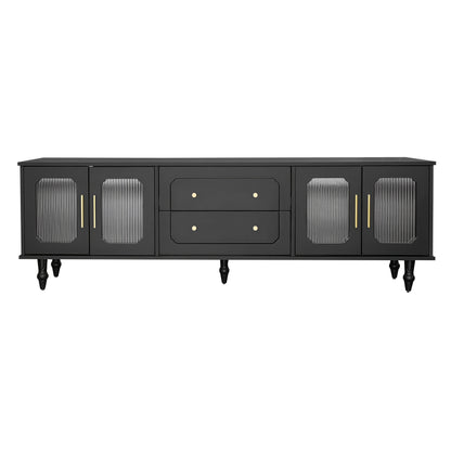 Retro TV Stand with Glass Door Cabinet - Heavy-Duty Metal Construction, Black Entertainment Center with Golden Handles, Living Room Storage Furniture for Media Console or Sideboard - Easy Assembly Required, Tv Console for Liv