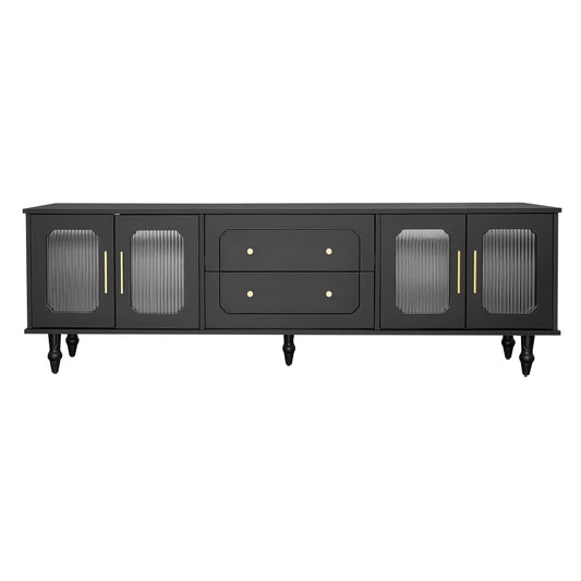 Retro TV Stand with Glass Door Cabinet - Heavy-Duty Metal Construction, Black Entertainment Center with Golden Handles, Living Room Storage Furniture for Media Console or Sideboard - Easy Assembly Required, Tv Console for Liv