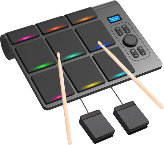 9-pads elektronische drum met LCD, dubbele stereoluidsprekers en pedalen | Draagbaar tafeldrumset voor beginners en professionals | Bluetooth MIDI-compatibel | Ideaal voor thuis, studio en