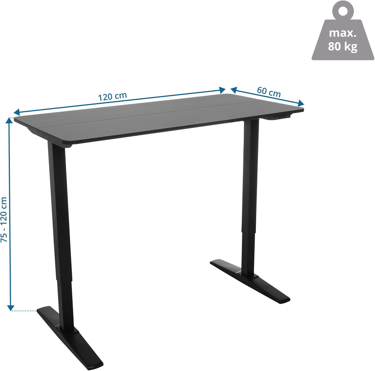 hjh OFFICE Bureau, in hoogte verstelbaar, elektrisch, 120 x 60 cm, standaard, carbon, stabiel zit-sta bureau in carbon-look, ergonomisch, zwart