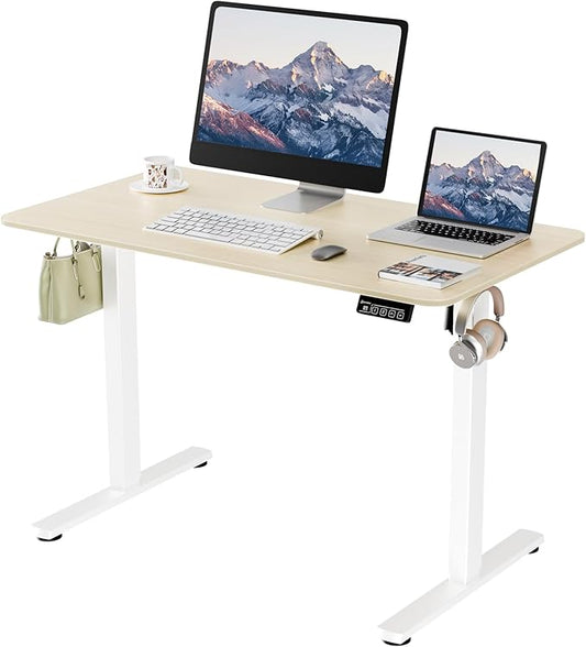 Zitsta Bureau – Elektrisch Verstelbaar Bureau – Sta Bureau – Hoogte Verstelbaar Bureau – Thuiswerkbureau – 110x60 cm – Wit Frame Met Eiken Blad