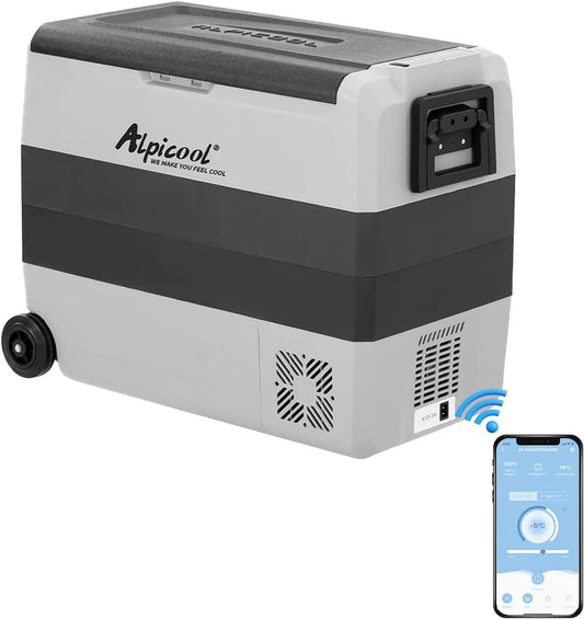 Alpicool T60 elektrische compressor Koelbox/vriesbox, 60L Mini koelkast 12/24 V en 230 V, Autokoelkast voor auto, vrachtwagen, camping met stopcontact en USB-poort, twee zones