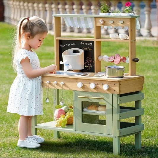 ROBOTIME Mud Kitchen Speelset voor kinderen, deluxe houten buitenkeuken met werkende kraan, zwart bord, BBQ-grill, grote opbergruimte, tuingootsteen en keukenaccessoires, rollenspel voor peuters