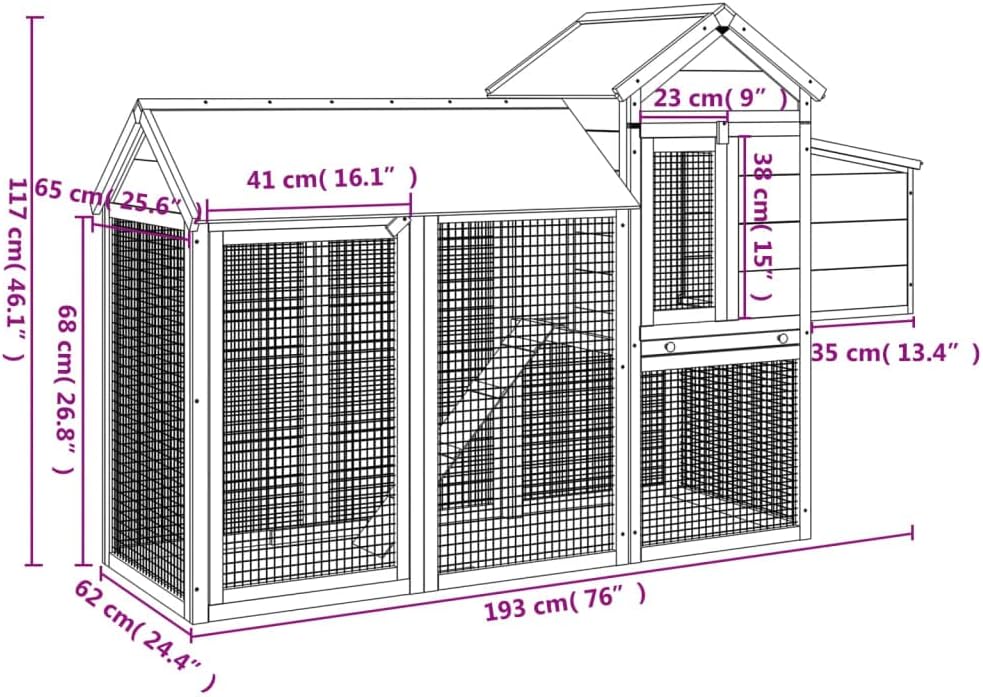 Kippenhok – Dierenverblijf – Kippenhuis – Konijnenhok – Buitenren – Massief Grenenhout – Waterdicht Dak – 193x65x117 cm