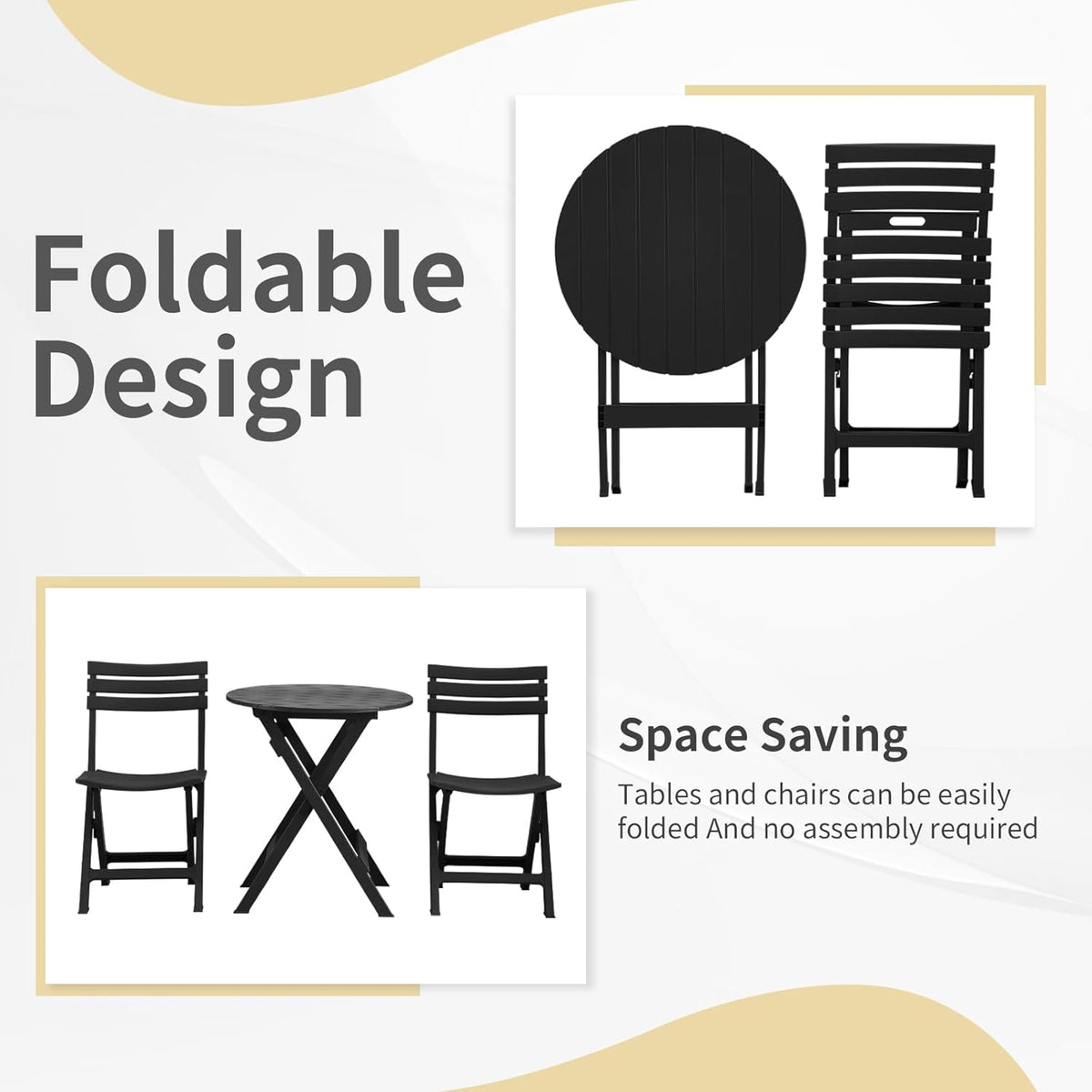 Opvouwbare bistroset, opvouwbare outdoor cafétafel en stoelen voor 2 kleine meubels, 3-delige veranda, achtertuin, balkon, tuin, terras, zwart