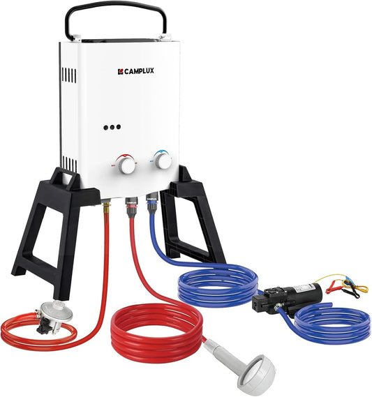 CAMPLUX Gas Boiler 5 L/Min met Waterpomp & Steunpoot, Butaan (28-30 mbar) / Propaan (37mbar), voor Buitendouche, Camping, Campers, AY132Max met Draagtas