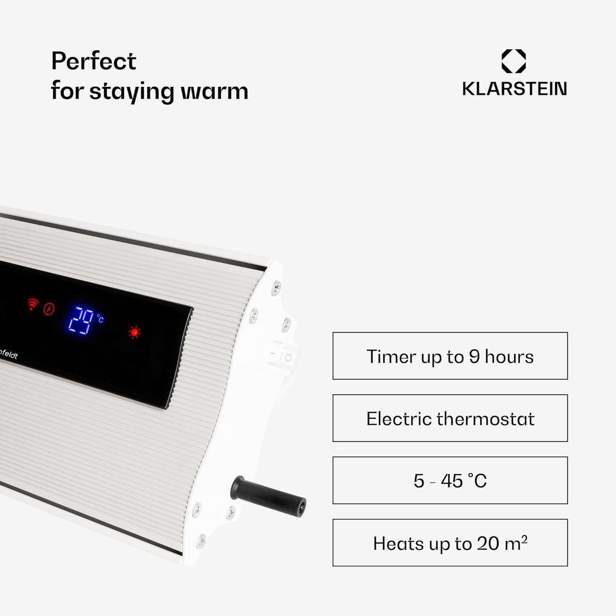 blumfeldt Cosmic Beam Plus Patio Heater, Infrared Heater, Dark Heater, IR Comfort Heat, Adjustable Temperature 5-45°C, Protection Class IP44, Shut-Off Timer, 2400 W, White - QUORE