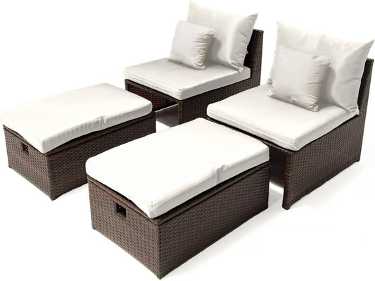Set van 2 "Farel" tuinfauteuils met voetensteun en opbergkist - Beige/Bruin - QUORE