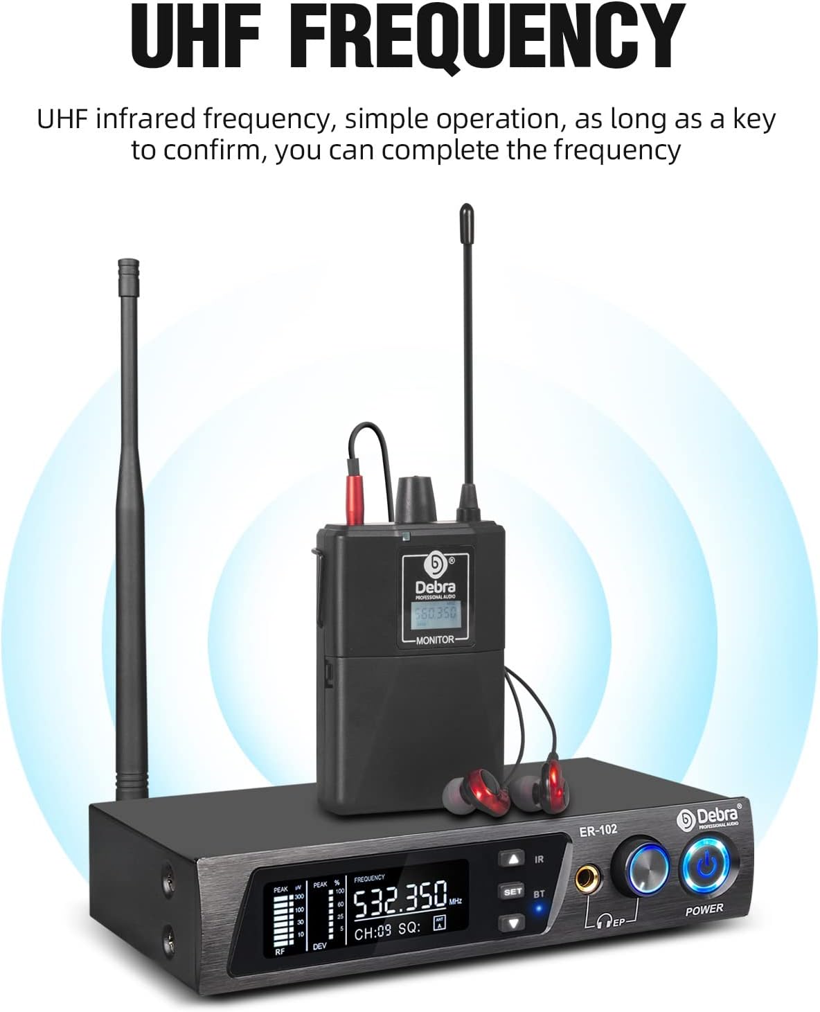D Debra PRO ER-102 UHF Draadloze In-ear Monitor - Enkel Kanaal met Zender & Ontvanger voor Podium, Studio, Muzikanten (1 Bodypack)