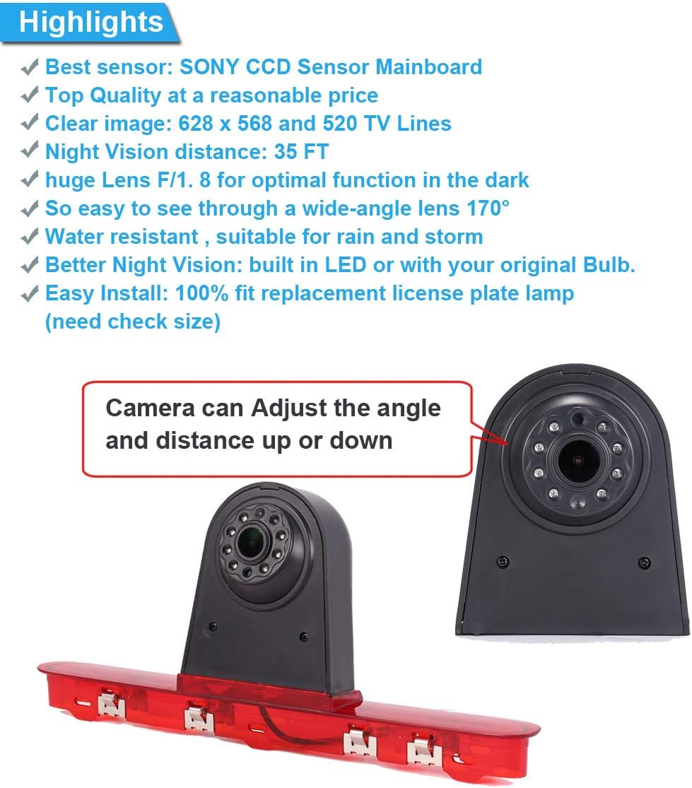 HD IP68 Derde Dak Top Mount Remlamp Reverse Achteruitrijcamera Backup Camera Hoek en afstand Verstelbare IR Nachtzicht voor Citroen Verzending/Te yo ta Proace/Peugeot Expert Reiziger Van +4.3 inch monitor