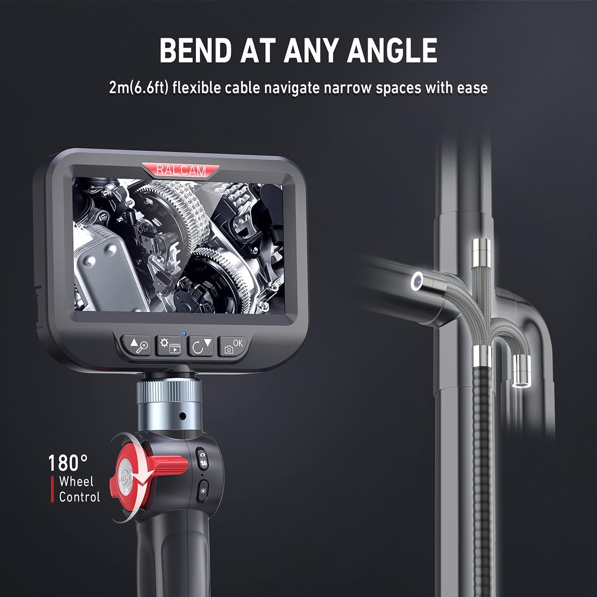 Ralcam Endoscoopcamera met licht, endoscoop, 6,2 mm, inspectiecamera, 4,3 inch, HD, 720P, buiscamera, camera's met 6 leds, IP67 waterdicht, 2 m, flexibele kanaalcamera, telescopische camera
