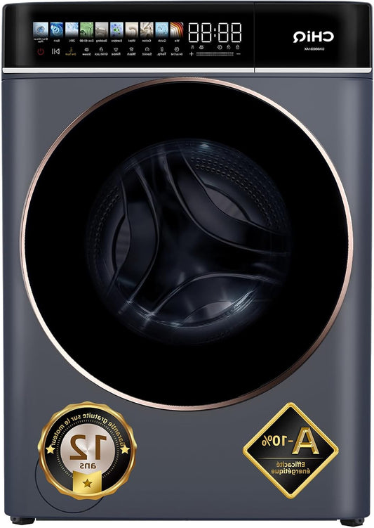 CHiQ CW086581AX Washing Machine 8kg with 13.5" LED Touchscreen, Energy Class A-10%, Steam Washing & Quick Wash, BLDC Motor (1400RPM), Large Drum, Antibacterial Door Seal, Grey - QUORE