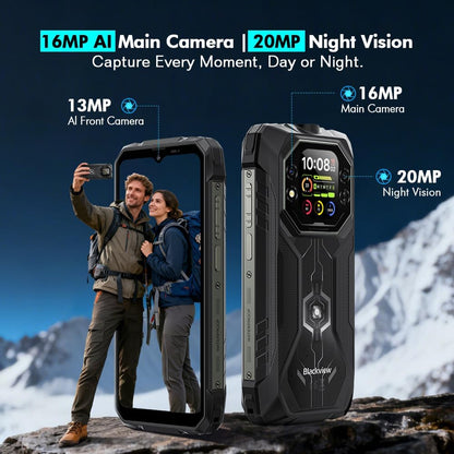 Blackview Rock 1 Android 16 Outdoor mobiele telefoon zonder abonnement, 24GB + 256GB/2TB Outdoor Smartphone Gemini AI, 15000mAh, 20MP + 16MP, 6,56" HD+ Dual Pantalla, IP68 waterdichte