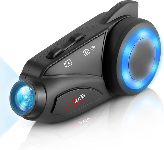 MAXTO Intercom voor motorhelm, bluetooth, met 1080p HD-camera, M3 bijgewerkt, 360 graden verstelbare clip, communicatiesysteem voor 6 motorrijders, 3280 FT, wifi/FM-radio, IP65 waterdicht