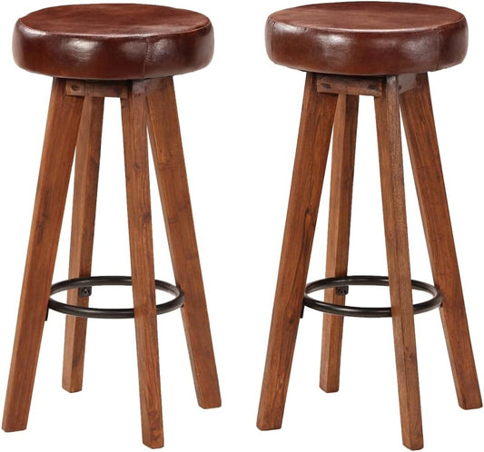 Barkruk – Barstoel – Keukenkruk – Barkrukset – Zithoekstoel – Massief Acaciahout – Echt Leer – Set Van 2 – Comfortabel En Duurzaam