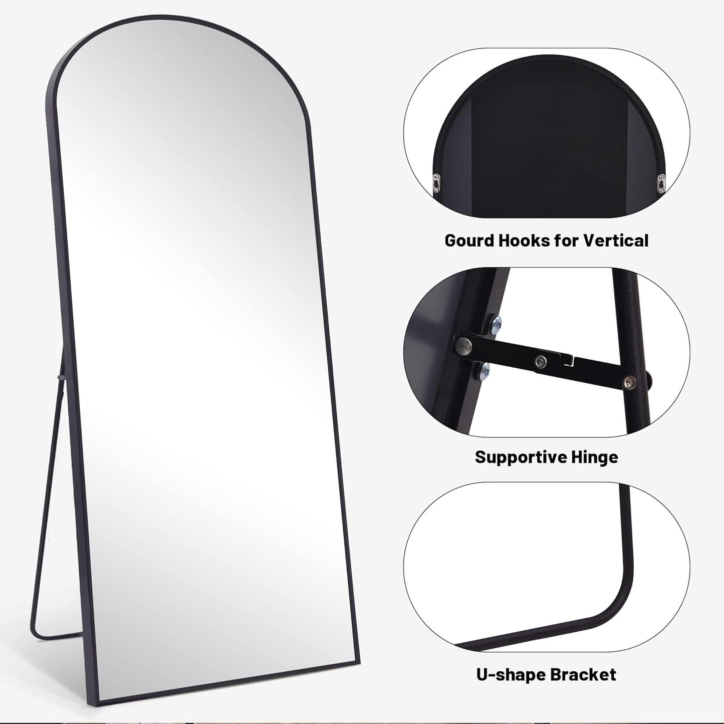 KOCUUY Bogen Staande spiegel, 179 x 65 cm, grote gebogen full-body spiegel, grote wandspiegel met zwart aluminium frame, hangend, staand, kantelbaar, voor woonkamer, slaapkamer en hal