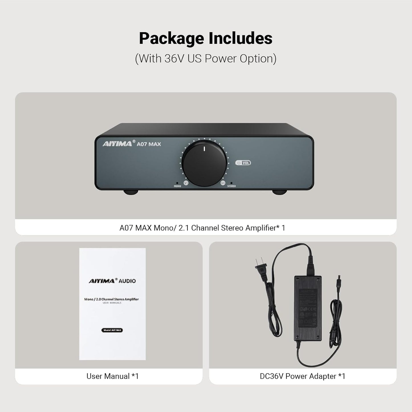 AIYIMA A07 MAX 2 CH HiFi-versterker 300Wx2 TPA3255 mini Klasse D eindversterker Overbrugbare mono stereo desktopversterker 600 Watt met 3,5 mm uitgang Geïntegreerde versterker