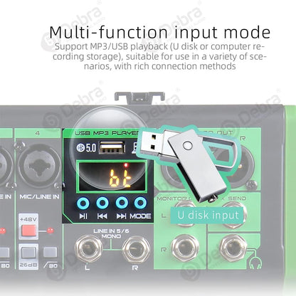 D Debra 6-Kanaals DJ Mixer, 99 DSP Effecten, USB/MP3 Ingang, 48V Fantoomvoeding, Ideaal voor DJ, Karaoke, Thuisstudio