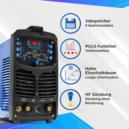 IPOTOOLS INV185PACDC WIG Lasapparaat, AC/DC, 180 ampère, volledig digitaal, Inverter-lasapparaat, inclusief HF-ontsteking, pulsfunctie, aluminium lassen, MMA, IGBT, 7 jaar garantie