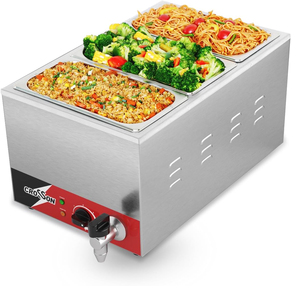 crosson Professionele elektrische badkuip, 1500 W, elektrische badkuip, van roestvrij staal, met kraan, 3 x 1/3 GN containers met deksel, instelbare temperatuur 30 °C - 85 °C