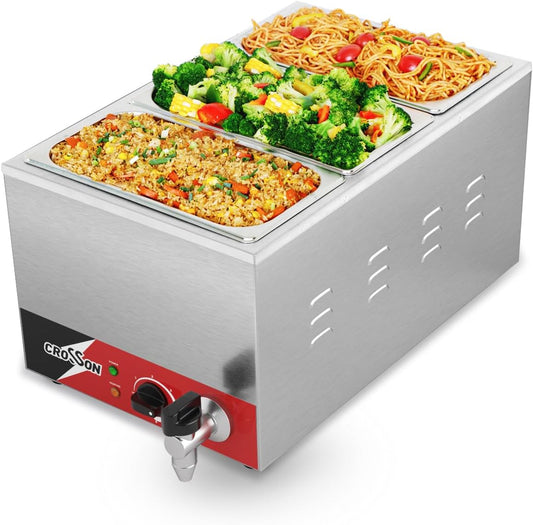 crosson Professionele elektrische badkuip, 1500 W, elektrische badkuip, van roestvrij staal, met kraan, 3 x 1/3 GN containers met deksel, instelbare temperatuur 30 °C - 85 °C