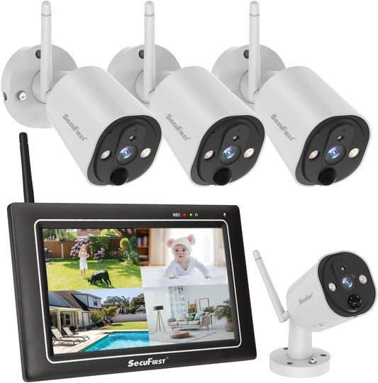 SecuFirst 2K Beveiligingscamera Buiten met Binnenmonitor Draadloos, 7" Touch Screen NVR + 4X Outdoor Camerabewaking Babyfoon Werken zonder Wi-Fi, AI Bewegingsdetector, 64 GB SD-kaart.Intercom.