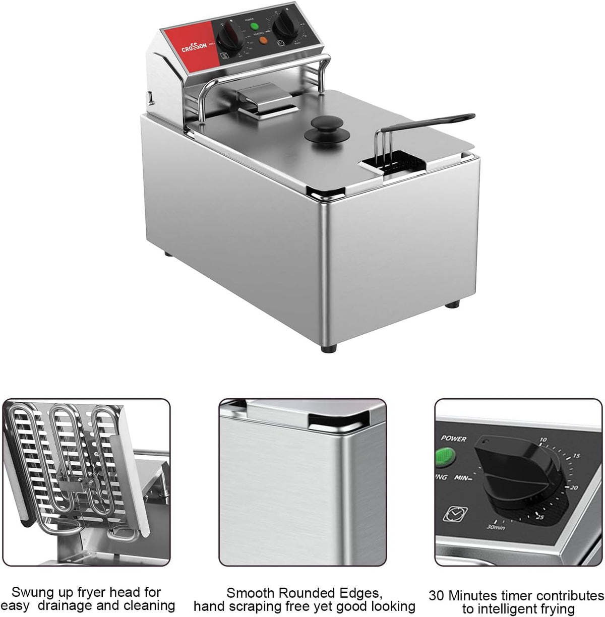 CROSSON Commerciële Roestvrijstalen Elektrische Friteuse,230V/3250W Professionele Elektrische Friteuse 8L met Temperatuurregeling 80-200°C