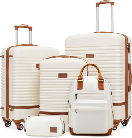 COOLIFE Koffer trolley koffer reiskoffer van ABS harde schaal trolley 4 wielen TSA-slot De koffer bevat 1 reisrugzak en 1 toilettas, wit/bruin., Koffer-Set 5tlg, Reisset, prachtig ontworpen,
