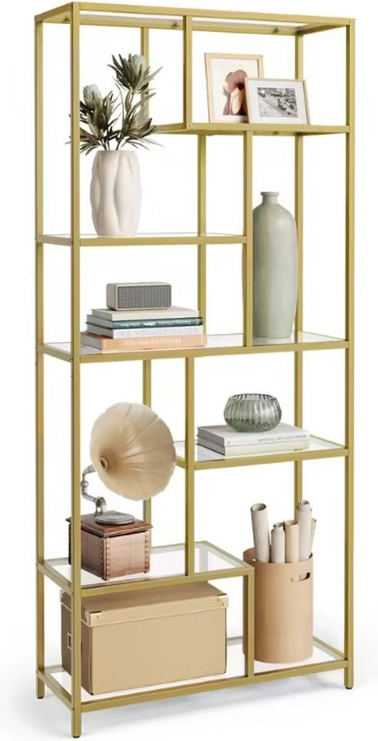 Wandkast - Boekenrek - Decoratie kast - Plankenstandaard - Woonkamer meubel - Winkeldecoratie - Badkamer - Keuken - Open vakken kast - Kantoorkast - 6 planken - Gehard glas - Goudkleurig - 30x80x180 cm