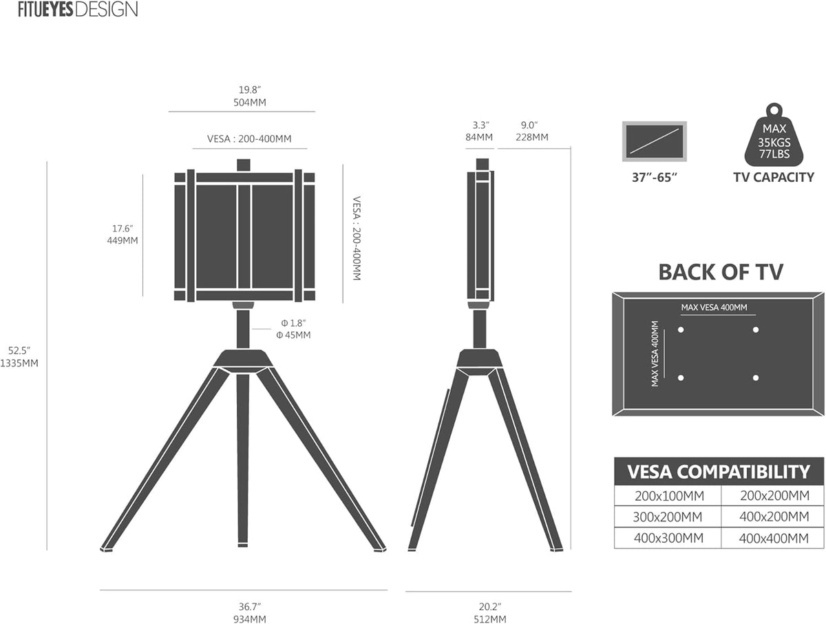 FITUEYES TV-Standaard op statief voor 32-60 inch schermen Gemaakt van hout Verstelbare hoogte 1150-1300mm Verstelbare hoek ± 20° VESA 200x200-400x400mm