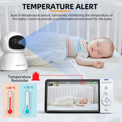 Feegar Babyfoon met camera, babymonitor, 5 inch, 720P HD-display, 2,4 GHz, PTZ 355°/120° babymonitor met afstandsbediening, 2 x zoom, VOX-modus, nachtzicht, temperatuursensor, slaapliedjes, 5000 mAh
