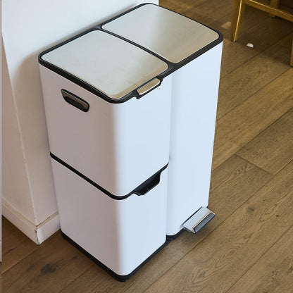 KITCHEN MOVE HAJA pedaalemmer, afvalscheiding, recycling, 60 l (13 + 17 + 30 l), roestvrij staal, wit, met emmer