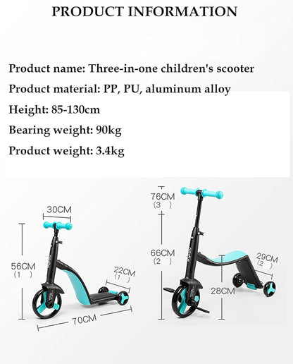 Children's Scooter, driewieler, multifunctionele kinderen balans scooter, drie-in-one kinderen scooter, geschikt voor jongens en meisjes van 1-6,Blauw