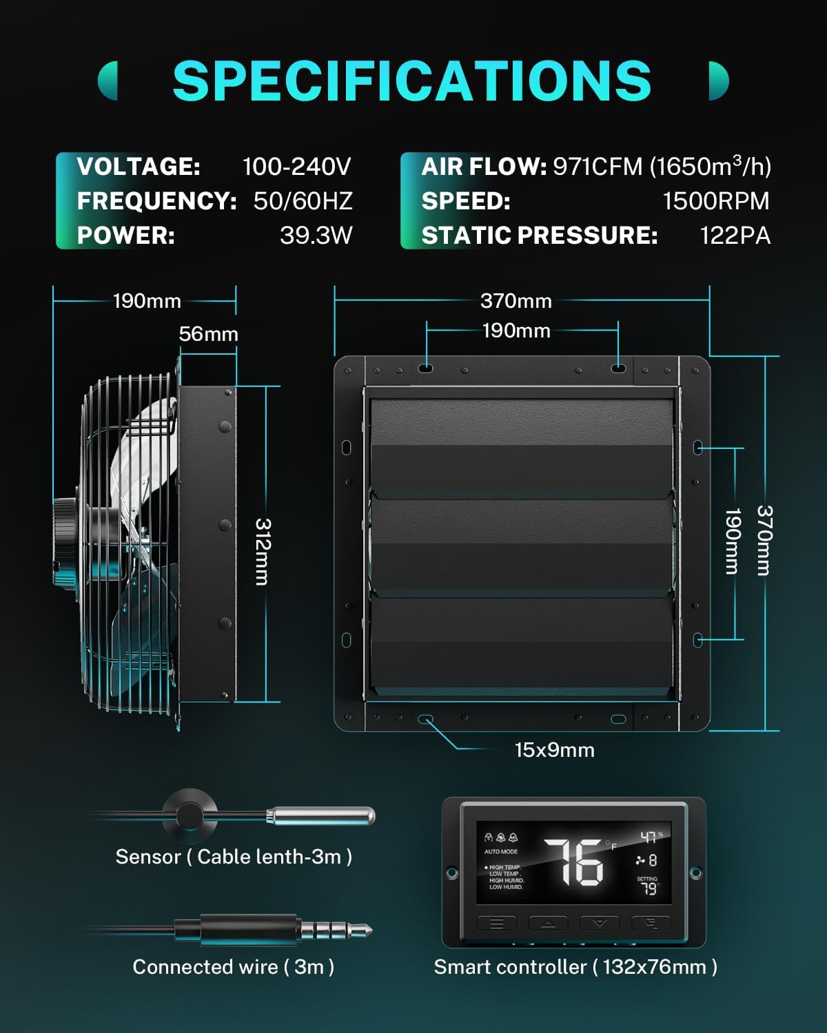 HG Power 300 mm afvoerventilator met temperatuur en vochtigheidsregelaar, intelligente industriële wandventilator, 1650 m³/uur, EC-motor, wandventilator voor kelder, garage, keuken, broeikas