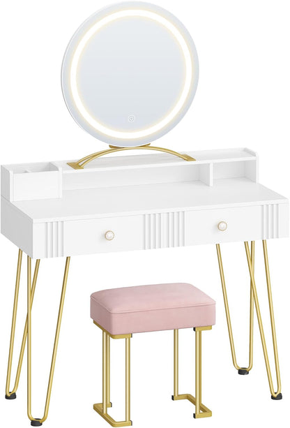 Hzuaneri Dressing Table with Stool and Lighting,Dressing Table with Mirror,40×90×140CM,Dressing Table with Drawers,Pink Upholstered Stool,Bedroom,Modern,Matte White and Gold,DT42403XEU