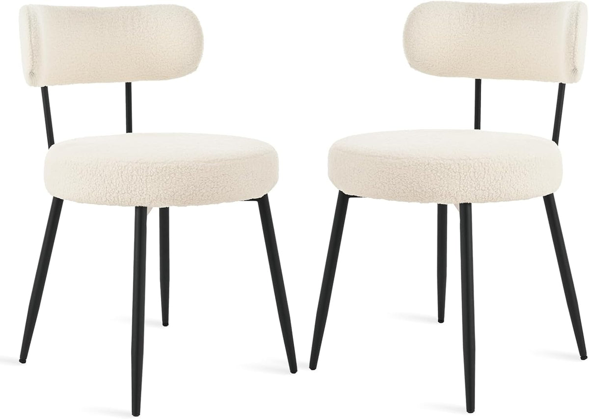 Set van 2 Bouclé Teddy eetkamerstoelen, gestoffeerd, moderne keukenstoelen zonder armleuning en metalen poten, beige, comfortabele gestoffeerde stoelen voor eetkamer en keuken