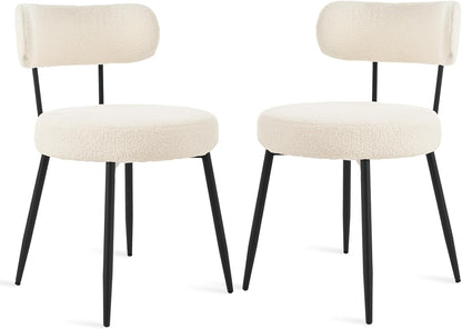 Set van 2 Bouclé Teddy eetkamerstoelen, gestoffeerd, moderne keukenstoelen zonder armleuning en metalen poten, beige, comfortabele gestoffeerde stoelen voor eetkamer en keuken