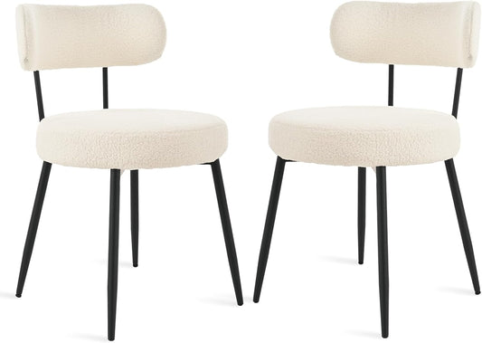 Set van 2 Bouclé Teddy eetkamerstoelen, gestoffeerd, moderne keukenstoelen zonder armleuning en metalen poten, beige, comfortabele gestoffeerde stoelen voor eetkamer en keuken